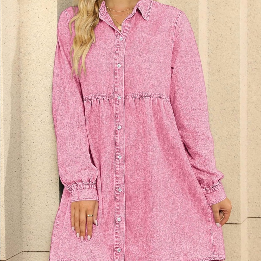 Chic Pink Long Sleeve Denim Dress - Picture 3 of 9